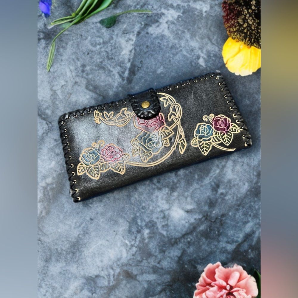 Handcrafted Tooled vegan Leather Floral Wallet